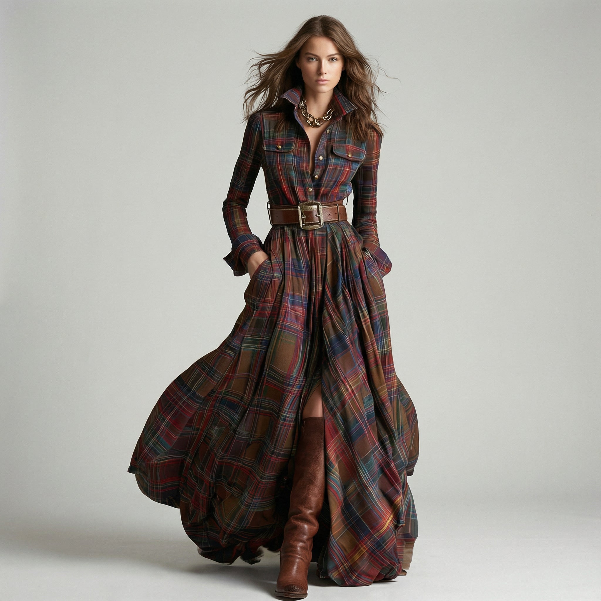 GIULIETTA™ | Vestido camisero largo a cuadros con cinturón